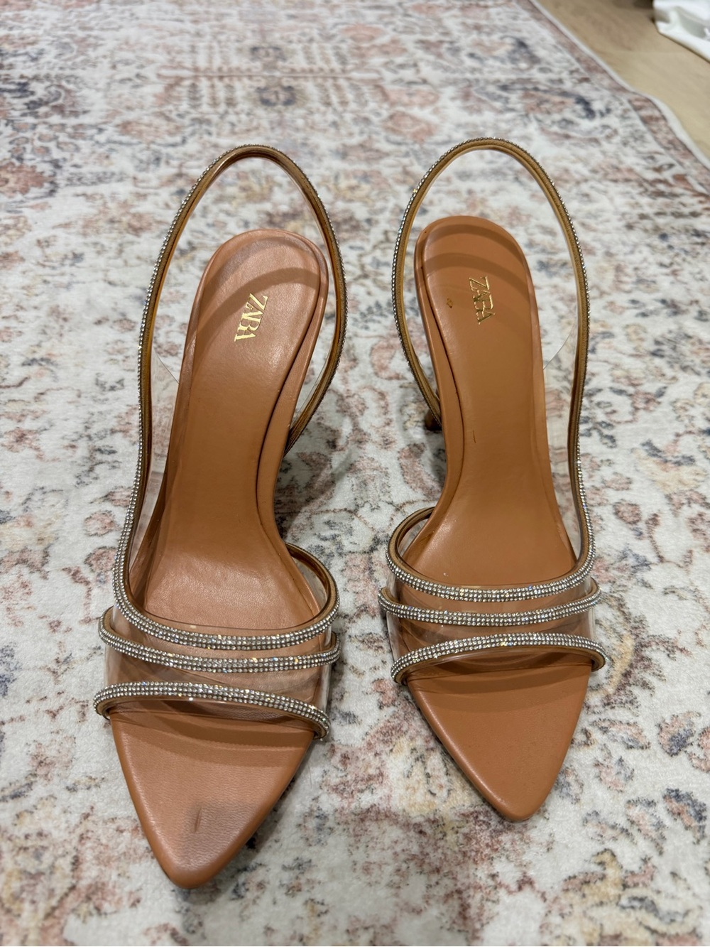 Zara Tan Pointed Slingback Heels with Crystal-Trim Straps